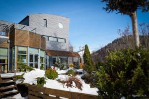 a house with a garden in the snow at Logis Hotel les Sapins in Le Ménil