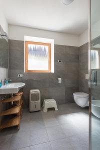 La salle de bains est pourvue de toilettes, d'un lavabo et d'une douche. dans l'établissement Casa Alfredino, à Rocca Pietore