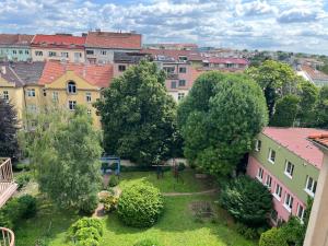 an aerial view of a city with buildings at Penzion Luna in Brno