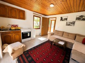 a living room with a couch and a stove at Garden Guesthouse in Gjakove