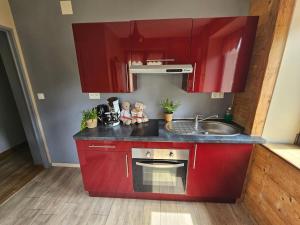 a kitchen with red cabinets and a sink at le chale heureux in Gérardmer +19 photos