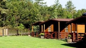 a log cabin with a fence and a grass yard at Ošupynė in Šventoji