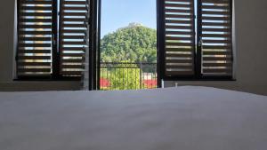 a bedroom with a bed and a view of a mountain at Casa de oaspeti Minerva in Deva