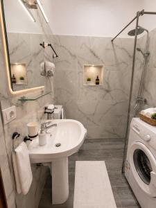 a bathroom with a sink and a washing machine at Drasa Harmony Apartment in Gjirokastër