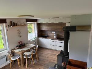 a kitchen and dining room with a table and a stove at APARTMENT OWL in Kořenov