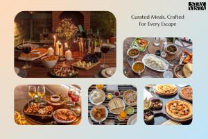 a collage of pictures of a table full of food at Villa Azul by StayVista, offering A snooker table, Terrace, Swimming pool & A spacious lawn with a charming gazebo for a perfect getaway in Lonavala