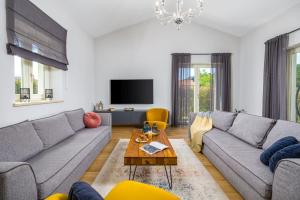 a living room with two couches and a tv at Villa Bartol in Trviž
