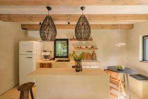 a kitchen with a white refrigerator and two hanging baskets at Casa Calma in Čenkovice