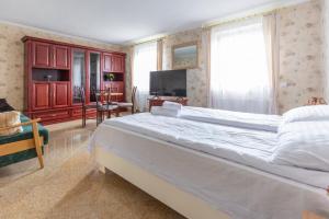 a bedroom with a large bed and a television at Dom przy plaży in Giewartów