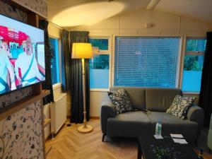 a living room with a couch and a flat screen tv at Luiwagen in Raalte