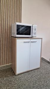 a microwave sitting on top of a white refrigerator at Vila Vivien in Zlín