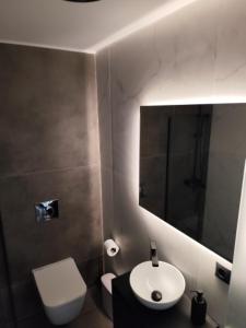 a bathroom with a sink and a toilet and a mirror at Studio Eleni in Plomari +26 photos