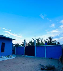 a blue building with a fence and palm trees at HELLO MADHi VILLA in Arugam Bay +9 photos