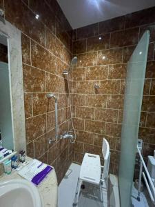 a bathroom with a shower and a toilet and a sink at فندق قمة البستان الرفاع in Arar +17 photos