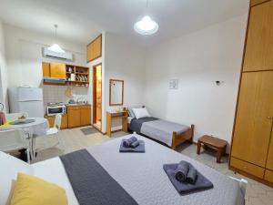 a small room with two beds and a kitchen at Angela Studio in Ipsos