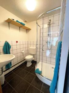 a bathroom with a shower and a toilet and a sink at Hof Döttgebüll in Aventoft +28 photos