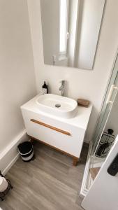a bathroom with a white sink and a mirror at Le Cocooning - 4 voyageurs - Jardin,Terrasse in Saint-Nazaire +16 photos