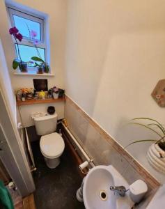 a small bathroom with a toilet and a sink at BEE KIND available with shared bathroom in Glastonbury