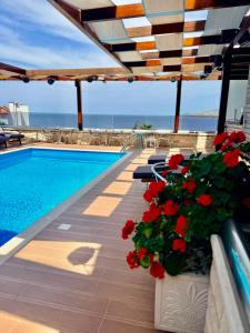 a swimming pool with red flowers next to a pool at Hotel Sole in Sarandë