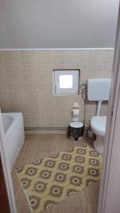 a bathroom with a toilet and a bath tub and a rug at Casa Madalina in Săpânța
