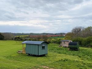 a green shed in a grassy field with a train at Shepherds Rest by the Wye in Fawley Station