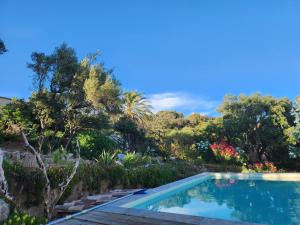 a swimming pool in a garden with trees and flowers at U caseddu di Monacia in Monacia-dʼAullène