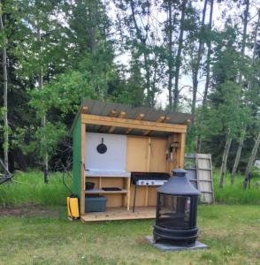 a shed with a stove in a yard with a lamp at Hidden Creek Cabin in Beaverlodge