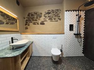 a bathroom with a sink and a toilet and a shower at Erbeskopf Gipfelquartier in Morbach