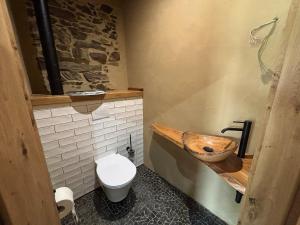 a bathroom with a wooden sink and a toilet at Erbeskopf Gipfelquartier in Morbach +2 photos