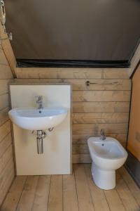 a bathroom with a sink and a toilet at Glamping Pagliaini in Riparbella +44 photos