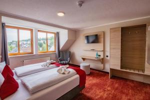 a bedroom with a bed and a desk and a television at Hotel Lengenfelder Hof in Lengenfeld