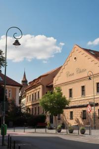 a building on the side of a street with a street light at Casa Chitic Hotels in Braşov