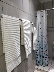 a bathroom with white towels hanging on a wall at Sunflower Acres in Kimberley +9 photos