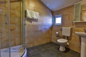 a bathroom with a shower and a toilet and a sink at Villa Velzon Lux in Budva +22 photos