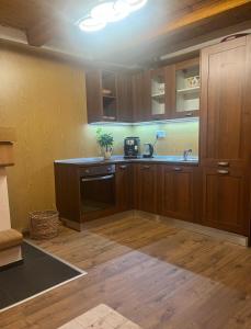 a kitchen with wooden cabinets and a sink at Green-in in Jaklovce