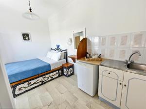 a kitchen with a bed and a sink in a room at Stavros Beachfront Domes by Booking Kottas in Perivolos +51 photos
