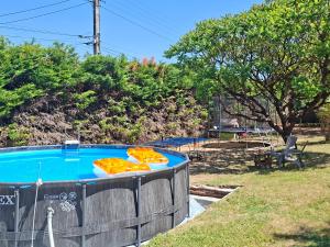 two slices of pizza sitting on top of a swimming pool at Home Gãyatri in Angé