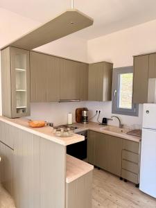 a kitchen with gray cabinets and a white refrigerator at Rosalie Home - Open Sea Studio in Tinos