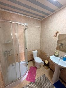 a bathroom with a shower and a toilet and a sink at Гостевой дом "Greenway Tourist" in Bosteri +70 photos