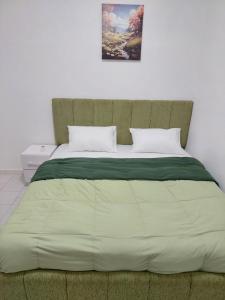a bed with a green comforter in a bedroom at Horizon Bleu Cozy prés de la Plage avec Balecon in Dakar