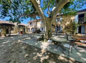 a patio with a table and chairs under a tree at Mas des 4 fontaines in Robion en Luberon