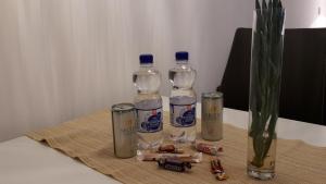 twee flessen water op een tafel naast een vaas bij Altstadtblick in Heidelberg