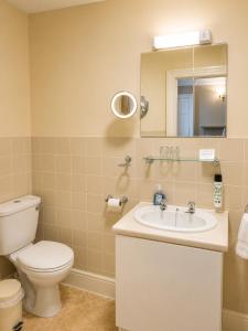 a bathroom with a toilet and a sink and a mirror at The Lairgate in Beverley