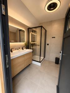 a bathroom with a glass shower and a sink at Bela Resort - Glamping in Motnik