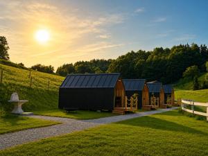 a row of huts in a field with a fence at Bela Resort - Glamping in Motnik