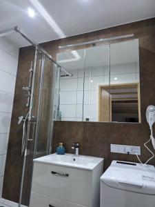 a bathroom with a sink and a shower with a mirror at PRZYSTANEK nowEKOprzywno - Żółty Domek Pod Kasztanem in Barwice +33 photos