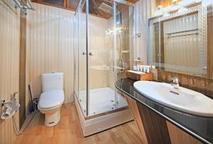 a bathroom with a toilet and a sink and a shower at Dilnaaz Group Of Houseboats in Srinagar +38 photos
