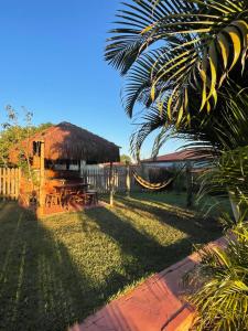 a hut with a palm tree and a fence at Swiss Chalets - Thermas Water Park in Águas de São Pedro