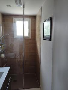 a shower with a glass door in a bathroom at Kerlir in Ploemeur