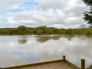 a view of a lake with a wooden dock at The Brown House in Woolfardisworthy +8 photos